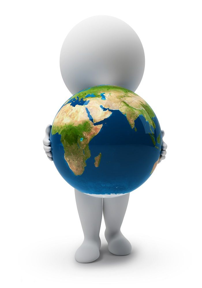 3d small people with a planet the Earth. 3d image. Isolated white background.